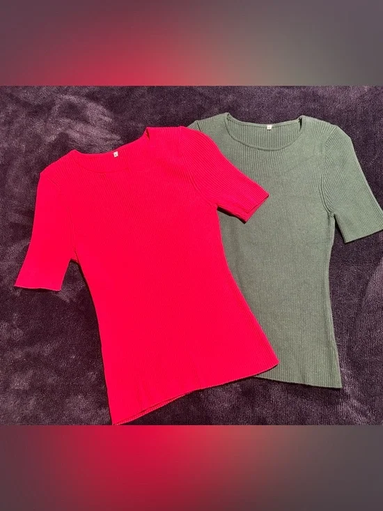 Women’s Short-Sleeve Ribbed Sweater Top - Red & Green - Picture 7 of 12